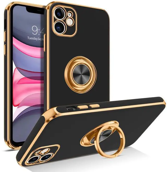 Main image of for iPhone 11 Case with 360° Ring Holder, Shockproof Slim Kickstand Magnetic Support Car Mount Women Men Non-Slip Protective Phone Case for iPhone 11 6.1", Black/Gold