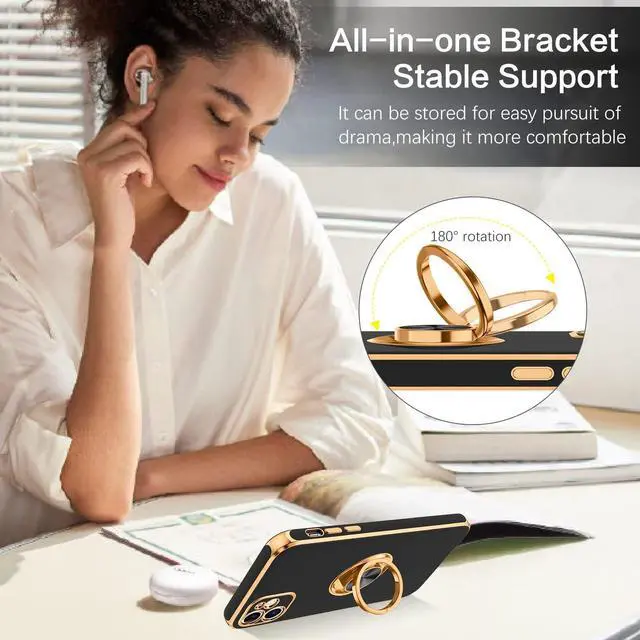 Alt view image 4 of 7 - for iPhone 11 Case with 360° Ring Holder, Shockproof Slim Kickstand Magnetic Support Car Mount Women Men Non-Slip Protective Phone Case for iPhone 11 6.1", Black/Gold