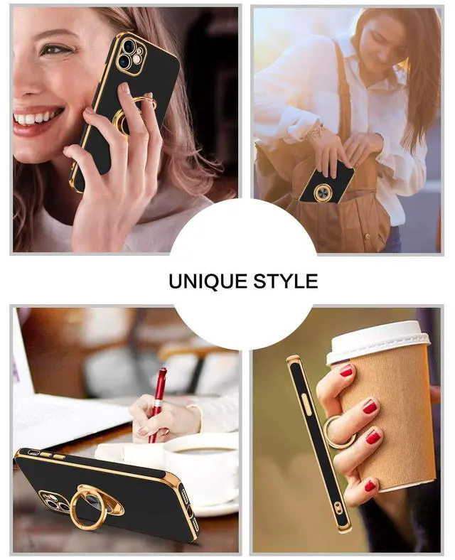 Alt view image 5 of 7 - for iPhone 11 Case with 360° Ring Holder, Shockproof Slim Kickstand Magnetic Support Car Mount Women Men Non-Slip Protective Phone Case for iPhone 11 6.1", Black/Gold