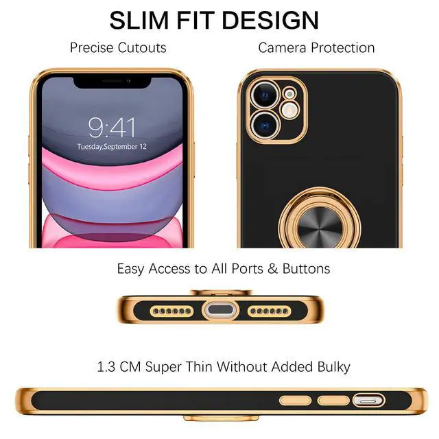 Alt view image 7 of 7 - for iPhone 11 Case with 360° Ring Holder, Shockproof Slim Kickstand Magnetic Support Car Mount Women Men Non-Slip Protective Phone Case for iPhone 11 6.1", Black/Gold