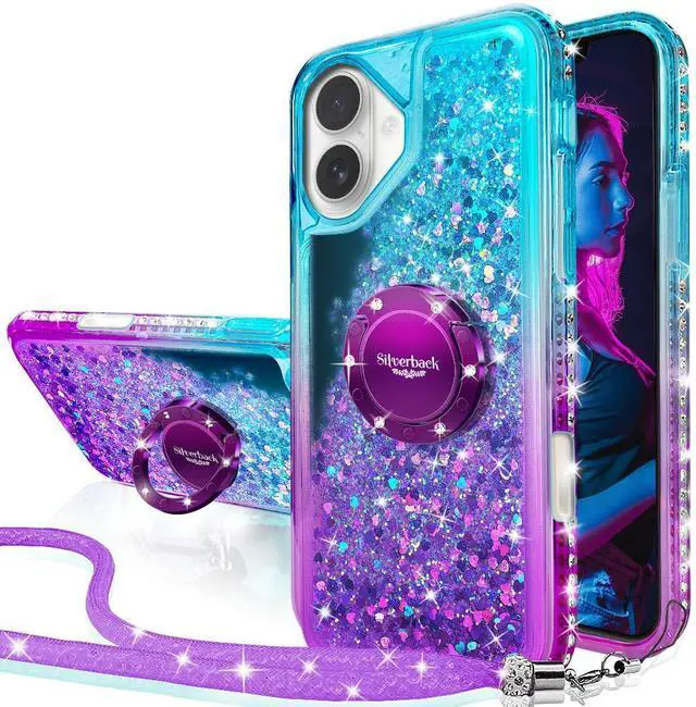 Main image of for iPhone 16 Case, Moving Liquid Holographic Sparkle Glitter Case with Kickstand, Girls Women Bling Diamond Ring Protective Case for iPhone 16 - Purple