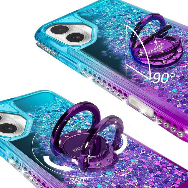 Alt view image 3 of 7 - for iPhone 16 Case, Moving Liquid Holographic Sparkle Glitter Case with Kickstand, Girls Women Bling Diamond Ring Protective Case for iPhone 16 - Purple