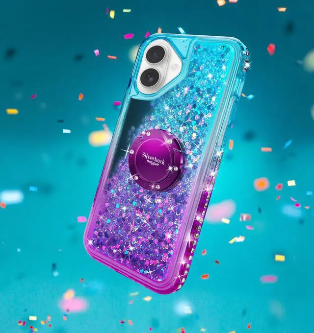 Alt view image 7 of 7 - for iPhone 16 Case, Moving Liquid Holographic Sparkle Glitter Case with Kickstand, Girls Women Bling Diamond Ring Protective Case for iPhone 16 - Purple