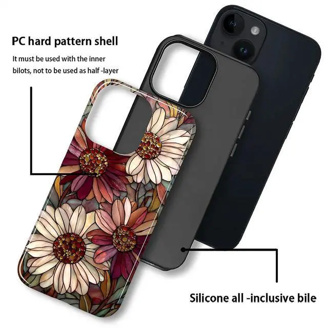 Alt view image 4 of 7 - Case for iPhone 13 iPhone 14,Durable Drop Protection Shockproof Silicone + Hard PC 2 in 1 Hybrid Protective Cover with Stylish Pattern Design - Romantic Love Flower
