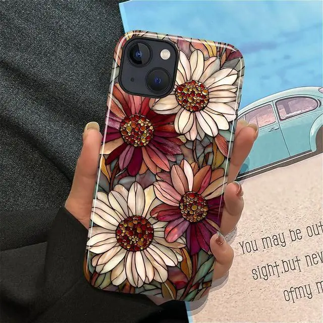 Alt view image 7 of 7 - Case for iPhone 13 iPhone 14,Durable Drop Protection Shockproof Silicone + Hard PC 2 in 1 Hybrid Protective Cover with Stylish Pattern Design - Romantic Love Flower