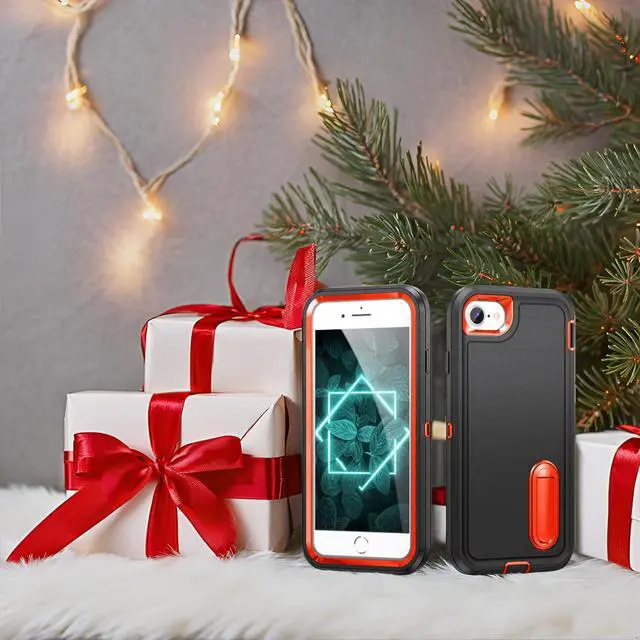 Alt view image 2 of 7 - for iPhone SE 2022/2020/8/7/6S/6 Case with Kickstand, Slim Fit Heavy Duty Protection Shockproof Anti-Scratch Protective Sturdy Hard Case, Black/Orange