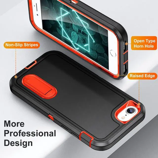Alt view image 5 of 7 - for iPhone SE 2022/2020/8/7/6S/6 Case with Kickstand, Slim Fit Heavy Duty Protection Shockproof Anti-Scratch Protective Sturdy Hard Case, Black/Orange