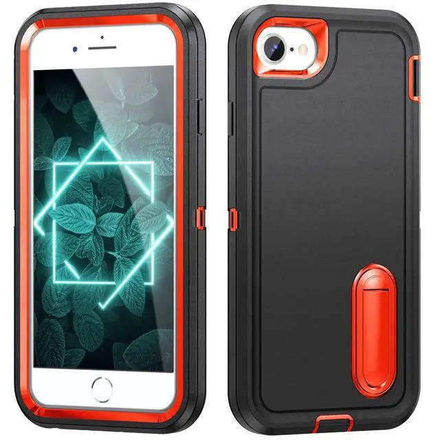 Alt view image 3 of 7 - for iPhone SE 2022/2020/8/7/6S/6 Case with Kickstand, Slim Fit Heavy Duty Protection Shockproof Anti-Scratch Protective Sturdy Hard Case, Black/Orange