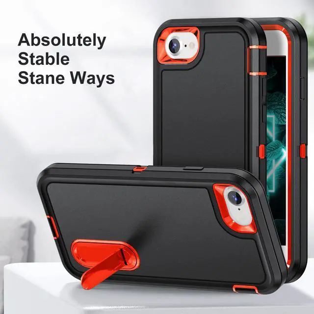 Alt view image 4 of 7 - for iPhone SE 2022/2020/8/7/6S/6 Case with Kickstand, Slim Fit Heavy Duty Protection Shockproof Anti-Scratch Protective Sturdy Hard Case, Black/Orange