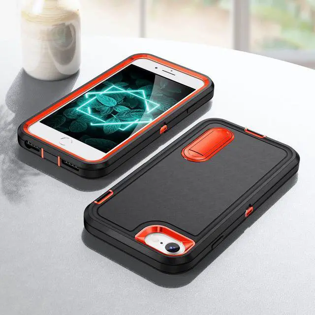 Alt view image 6 of 7 - for iPhone SE 2022/2020/8/7/6S/6 Case with Kickstand, Slim Fit Heavy Duty Protection Shockproof Anti-Scratch Protective Sturdy Hard Case, Black/Orange