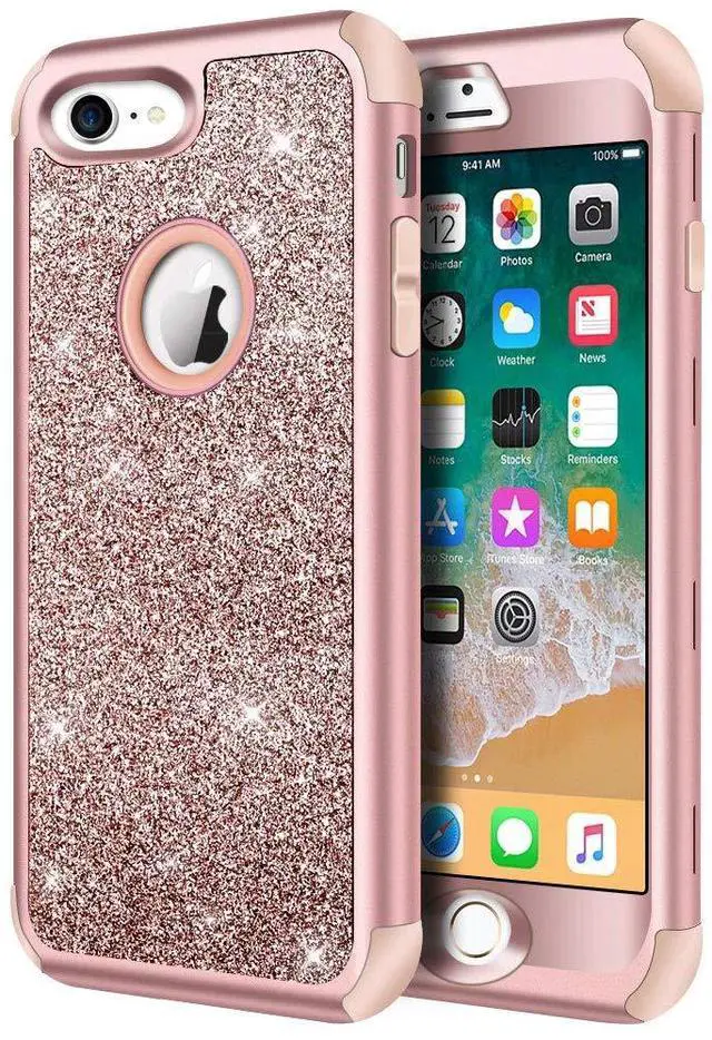 Main image of Designed for iPhone 8, iPhone 7 Case, Heavy Duty Full-Body Defender Protective Case Bling Glitter Sparkle Hard Shell Hybrid Shockproof Rubber Bumper Cover, Rose Gold