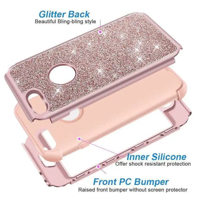 Alt view image 3 of 7 - Designed for iPhone 8, iPhone 7 Case, Heavy Duty Full-Body Defender Protective Case Bling Glitter Sparkle Hard Shell Hybrid Shockproof Rubber Bumper Cover, Rose Gold