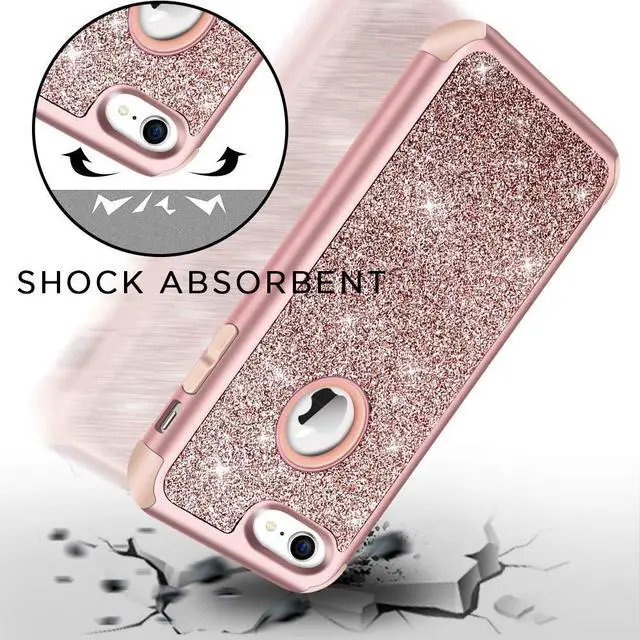Alt view image 2 of 7 - Designed for iPhone 8, iPhone 7 Case, Heavy Duty Full-Body Defender Protective Case Bling Glitter Sparkle Hard Shell Hybrid Shockproof Rubber Bumper Cover, Rose Gold