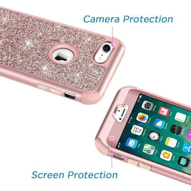 Alt view image 5 of 7 - Designed for iPhone 8, iPhone 7 Case, Heavy Duty Full-Body Defender Protective Case Bling Glitter Sparkle Hard Shell Hybrid Shockproof Rubber Bumper Cover, Rose Gold