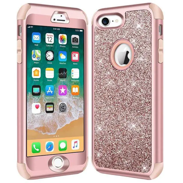 Alt view image 6 of 7 - Designed for iPhone 8, iPhone 7 Case, Heavy Duty Full-Body Defender Protective Case Bling Glitter Sparkle Hard Shell Hybrid Shockproof Rubber Bumper Cover, Rose Gold