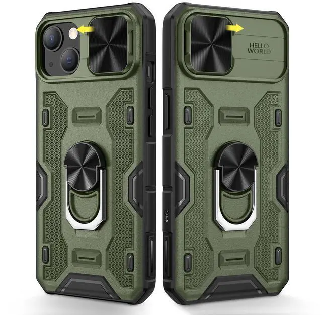 Main image of for iPhone 14 Case, iPhone 13 Case with Camera Cover & Kickstand with Built-in 360°Rotate Ring Stand Heavy Duty Protective Phone Cover Case for iPhone 14 & iPhone 13 - Green