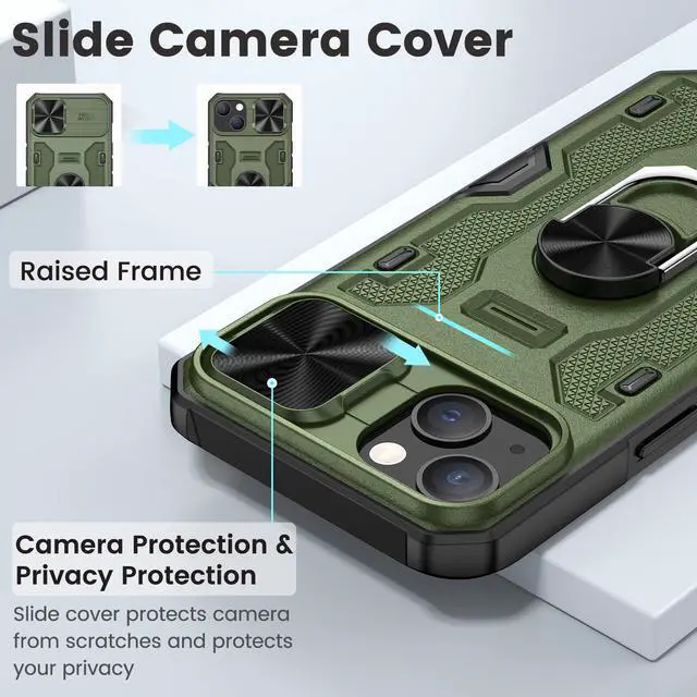 Alt view image 3 of 7 - for iPhone 14 Case, iPhone 13 Case with Camera Cover & Kickstand with Built-in 360°Rotate Ring Stand Heavy Duty Protective Phone Cover Case for iPhone 14 & iPhone 13 - Green