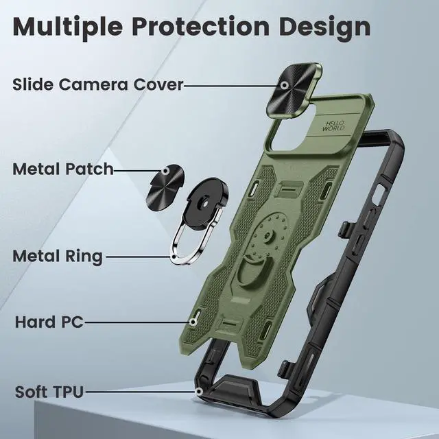Alt view image 7 of 7 - for iPhone 14 Case, iPhone 13 Case with Camera Cover & Kickstand with Built-in 360°Rotate Ring Stand Heavy Duty Protective Phone Cover Case for iPhone 14 & iPhone 13 - Green