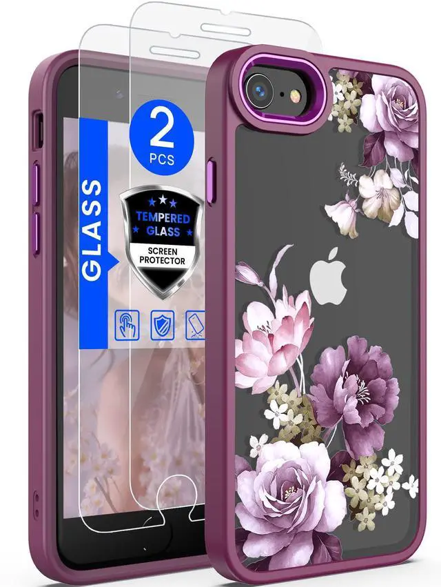 Main image of for iPhone SE 2022/2020 Case,iPhone 8/7 Case,with Tempered Glass Screen Protector Military Grade Drop Tested Hard Back & Soft Edge Slim Flower Women Girls Phone Protective Cover (Purple)