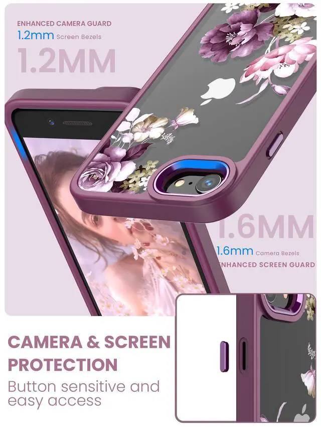 Alt view image 3 of 7 - for iPhone SE 2022/2020 Case,iPhone 8/7 Case,with Tempered Glass Screen Protector Military Grade Drop Tested Hard Back & Soft Edge Slim Flower Women Girls Phone Protective Cover (Purple)