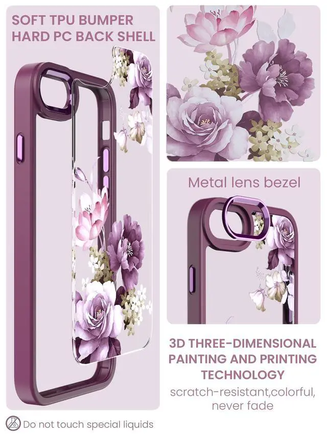 Alt view image 4 of 7 - for iPhone SE 2022/2020 Case,iPhone 8/7 Case,with Tempered Glass Screen Protector Military Grade Drop Tested Hard Back & Soft Edge Slim Flower Women Girls Phone Protective Cover (Purple)