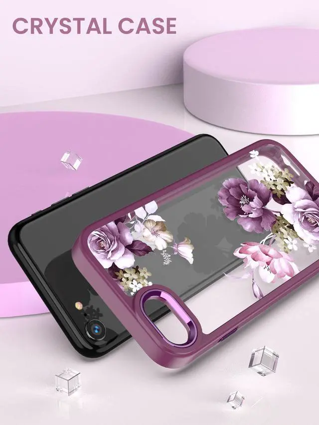 Alt view image 6 of 7 - for iPhone SE 2022/2020 Case,iPhone 8/7 Case,with Tempered Glass Screen Protector Military Grade Drop Tested Hard Back & Soft Edge Slim Flower Women Girls Phone Protective Cover (Purple)