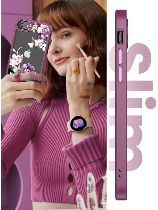 Alt view image 5 of 7 - for iPhone SE 2022/2020 Case,iPhone 8/7 Case,with Tempered Glass Screen Protector Military Grade Drop Tested Hard Back & Soft Edge Slim Flower Women Girls Phone Protective Cover (Purple)