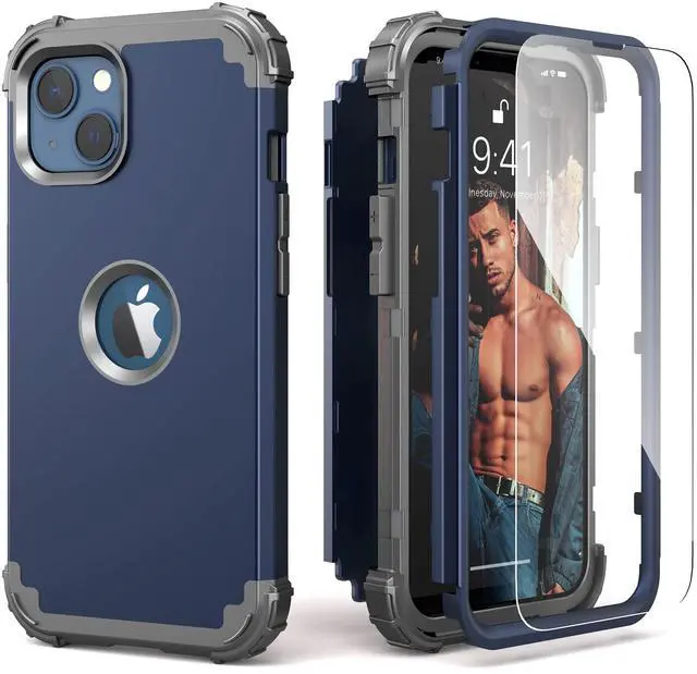 Main image of for iPhone 13 Case with Screen Protector, for iPhone 14 Case, Hybrid Shockproof Heavy Duty Protection Hard PC Cover Soft Silicone Sturdy Bumper Full Body Cover for iPhone 13/14 6.1",Blue