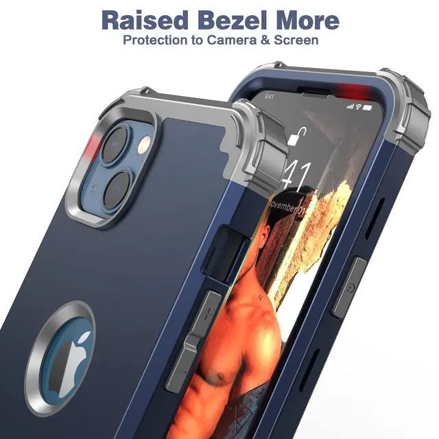 Alt view image 6 of 7 - for iPhone 13 Case with Screen Protector, for iPhone 14 Case, Hybrid Shockproof Heavy Duty Protection Hard PC Cover Soft Silicone Sturdy Bumper Full Body Cover for iPhone 13/14 6.1",Blue