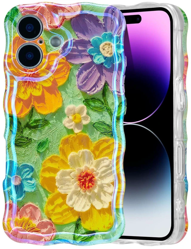 Main image of Case for iPhone 17, Colorful Retro Oil Painting Flower Laser Glossy Cute Curly Wave Edge Case Stylish Durable Soft TPU Protective Phone Cover for Girl Women - Colorful Flower/Green