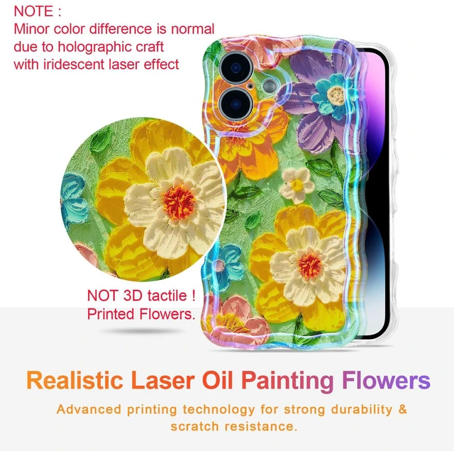 Alt view image 2 of 7 - Case for iPhone 17, Colorful Retro Oil Painting Flower Laser Glossy Cute Curly Wave Edge Case Stylish Durable Soft TPU Protective Phone Cover for Girl Women - Colorful Flower/Green
