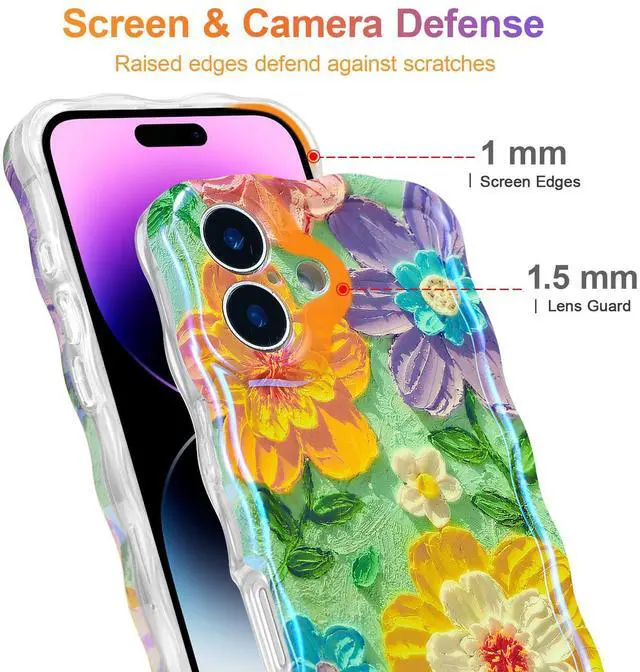Alt view image 4 of 7 - Case for iPhone 17, Colorful Retro Oil Painting Flower Laser Glossy Cute Curly Wave Edge Case Stylish Durable Soft TPU Protective Phone Cover for Girl Women - Colorful Flower/Green