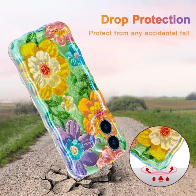 Alt view image 3 of 7 - Case for iPhone 17, Colorful Retro Oil Painting Flower Laser Glossy Cute Curly Wave Edge Case Stylish Durable Soft TPU Protective Phone Cover for Girl Women - Colorful Flower/Green