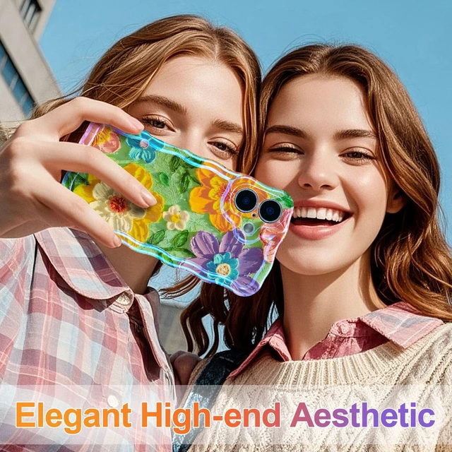 Alt view image 6 of 7 - Case for iPhone 17, Colorful Retro Oil Painting Flower Laser Glossy Cute Curly Wave Edge Case Stylish Durable Soft TPU Protective Phone Cover for Girl Women - Colorful Flower/Green