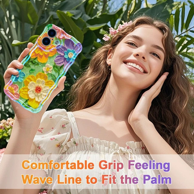 Alt view image 7 of 7 - Case for iPhone 17, Colorful Retro Oil Painting Flower Laser Glossy Cute Curly Wave Edge Case Stylish Durable Soft TPU Protective Phone Cover for Girl Women - Colorful Flower/Green