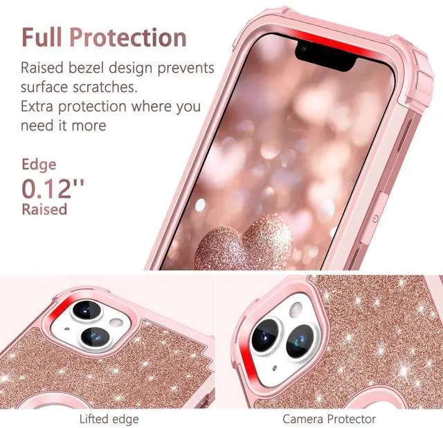 Alt view image 3 of 7 - for iPhone 13/14 Case Glitter Sparkly Bling 3 in 1 Shockproof Heavy Duty Hybrid Sturdy High Impact Protective Cover Case for Apple iPhone 13/14 6.1 inch,Rose Gold