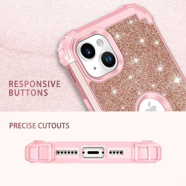 Alt view image 5 of 7 - for iPhone 13/14 Case Glitter Sparkly Bling 3 in 1 Shockproof Heavy Duty Hybrid Sturdy High Impact Protective Cover Case for Apple iPhone 13/14 6.1 inch,Rose Gold
