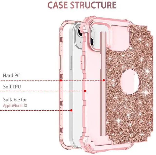 Alt view image 2 of 7 - for iPhone 13/14 Case Glitter Sparkly Bling 3 in 1 Shockproof Heavy Duty Hybrid Sturdy High Impact Protective Cover Case for Apple iPhone 13/14 6.1 inch,Rose Gold