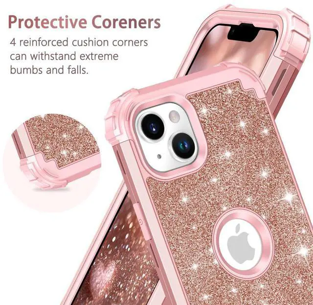 Alt view image 4 of 7 - for iPhone 13/14 Case Glitter Sparkly Bling 3 in 1 Shockproof Heavy Duty Hybrid Sturdy High Impact Protective Cover Case for Apple iPhone 13/14 6.1 inch,Rose Gold