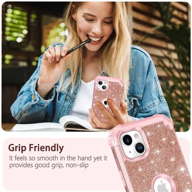 Alt view image 6 of 7 - for iPhone 13/14 Case Glitter Sparkly Bling 3 in 1 Shockproof Heavy Duty Hybrid Sturdy High Impact Protective Cover Case for Apple iPhone 13/14 6.1 inch,Rose Gold