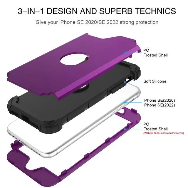 Alt view image 2 of 7 - for iPhone SE 2022 Phone Case and iPhone SE 2020 Case, Heavy Duty 3 in 1 Full Body Rugged Shockproof Hybrid Hard PC Soft Rubber Bumper Drop Protective Girls Women Cover, Deep Purple/Black