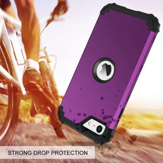 Alt view image 3 of 7 - for iPhone SE 2022 Phone Case and iPhone SE 2020 Case, Heavy Duty 3 in 1 Full Body Rugged Shockproof Hybrid Hard PC Soft Rubber Bumper Drop Protective Girls Women Cover, Deep Purple/Black