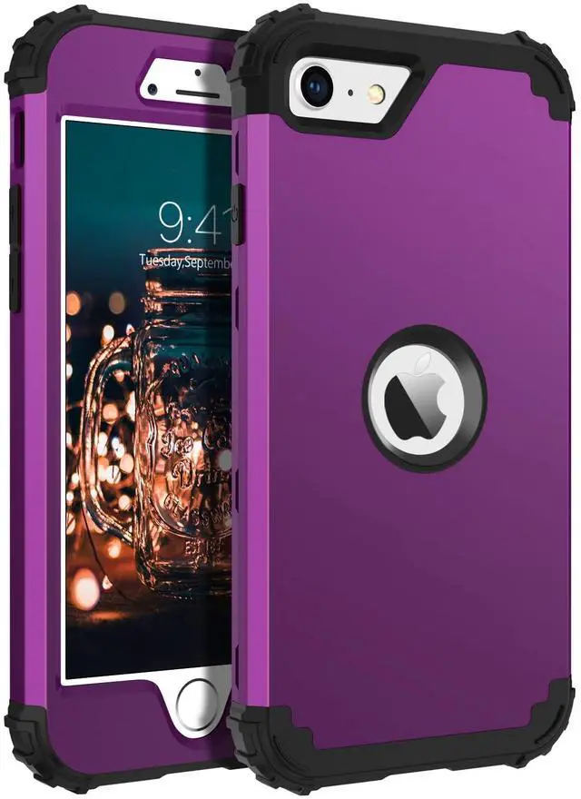 Main image of for iPhone SE 2022 Phone Case and iPhone SE 2020 Case, Heavy Duty 3 in 1 Full Body Rugged Shockproof Hybrid Hard PC Soft Rubber Bumper Drop Protective Girls Women Cover, Deep Purple/Black