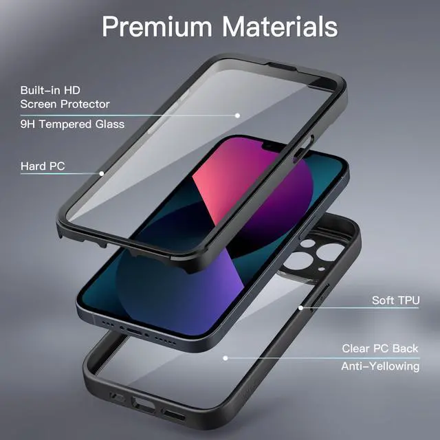 Alt view image 3 of 6 - Case for iPhone 13 6.1-Inch with Built-in Tempered Glass Screen Protector, 360 Degree Full Body Heavy Duty Protection, Shockproof Rugged Phone Cover Clear Back (Black)