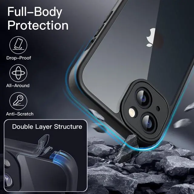 Alt view image 4 of 6 - Case for iPhone 13 6.1-Inch with Built-in Tempered Glass Screen Protector, 360 Degree Full Body Heavy Duty Protection, Shockproof Rugged Phone Cover Clear Back (Black)