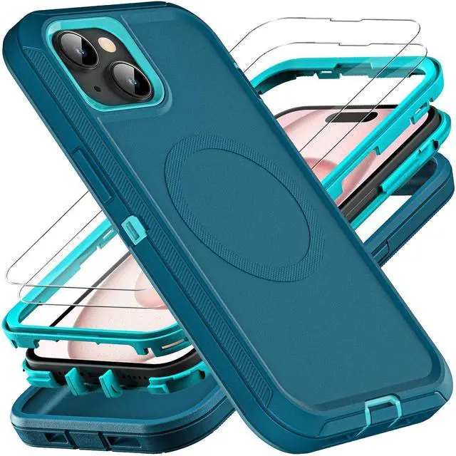 Main image of for iPhone 15 Case, Compatible with Magsafe, Military Grade 3 in 1 Heavy Duty Shockproof/Drop Proof/Dust Proof Case with 2Pcs Tempered Glass Screen Protector (New-Blue/Turquoise)