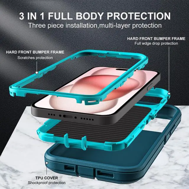 Alt view image 4 of 6 - for iPhone 15 Case, Compatible with Magsafe, Military Grade 3 in 1 Heavy Duty Shockproof/Drop Proof/Dust Proof Case with 2Pcs Tempered Glass Screen Protector (New-Blue/Turquoise)