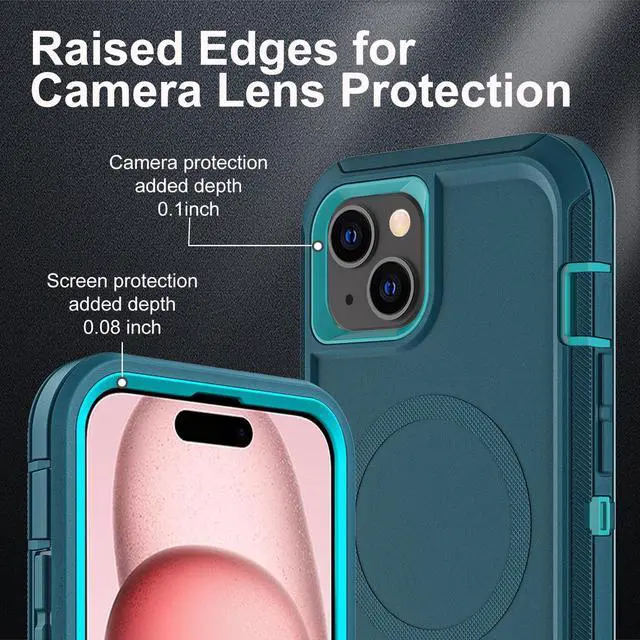Alt view image 3 of 6 - for iPhone 15 Case, Compatible with Magsafe, Military Grade 3 in 1 Heavy Duty Shockproof/Drop Proof/Dust Proof Case with 2Pcs Tempered Glass Screen Protector (New-Blue/Turquoise)