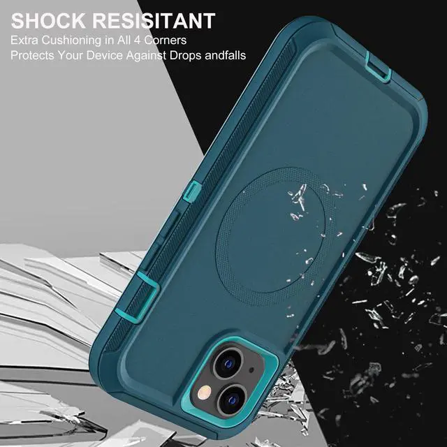 Alt view image 6 of 6 - for iPhone 15 Case, Compatible with Magsafe, Military Grade 3 in 1 Heavy Duty Shockproof/Drop Proof/Dust Proof Case with 2Pcs Tempered Glass Screen Protector (New-Blue/Turquoise)