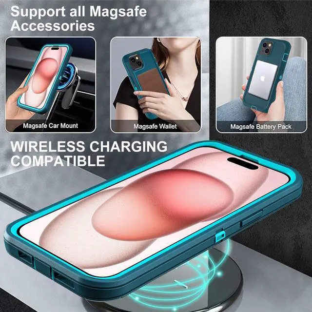 Alt view image 5 of 6 - for iPhone 15 Case, Compatible with Magsafe, Military Grade 3 in 1 Heavy Duty Shockproof/Drop Proof/Dust Proof Case with 2Pcs Tempered Glass Screen Protector (New-Blue/Turquoise)